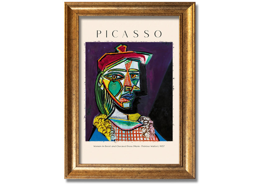 A vibrant reproduction of Picasso's 'Woman In Beret And Checked Dress 1937' printed on canvas, framed and ready to hang.